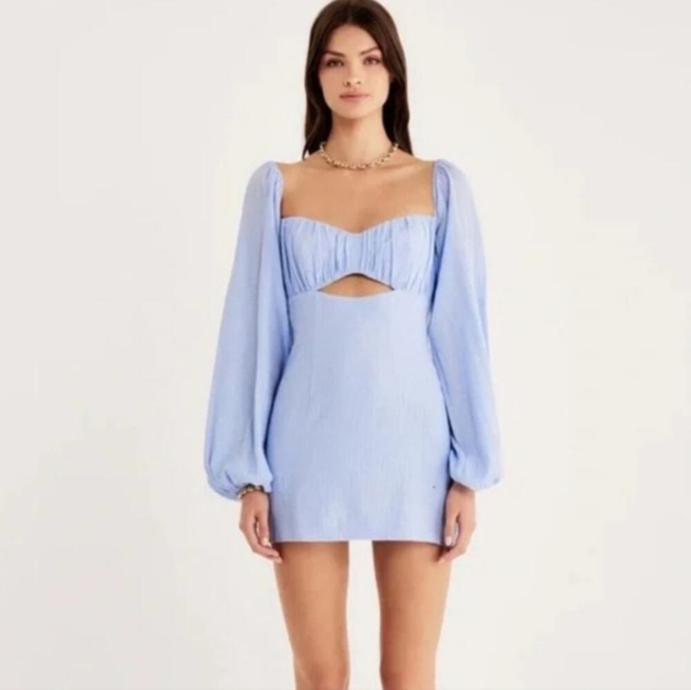 Rumer The Label Camille Mini Dress Blue Cutout Puff Sleeve Coquette NWT XS